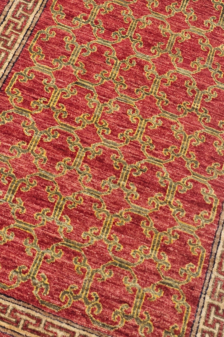 Brick Red and Camel Meander Lattice, Hand-Knotted Wool Rug
