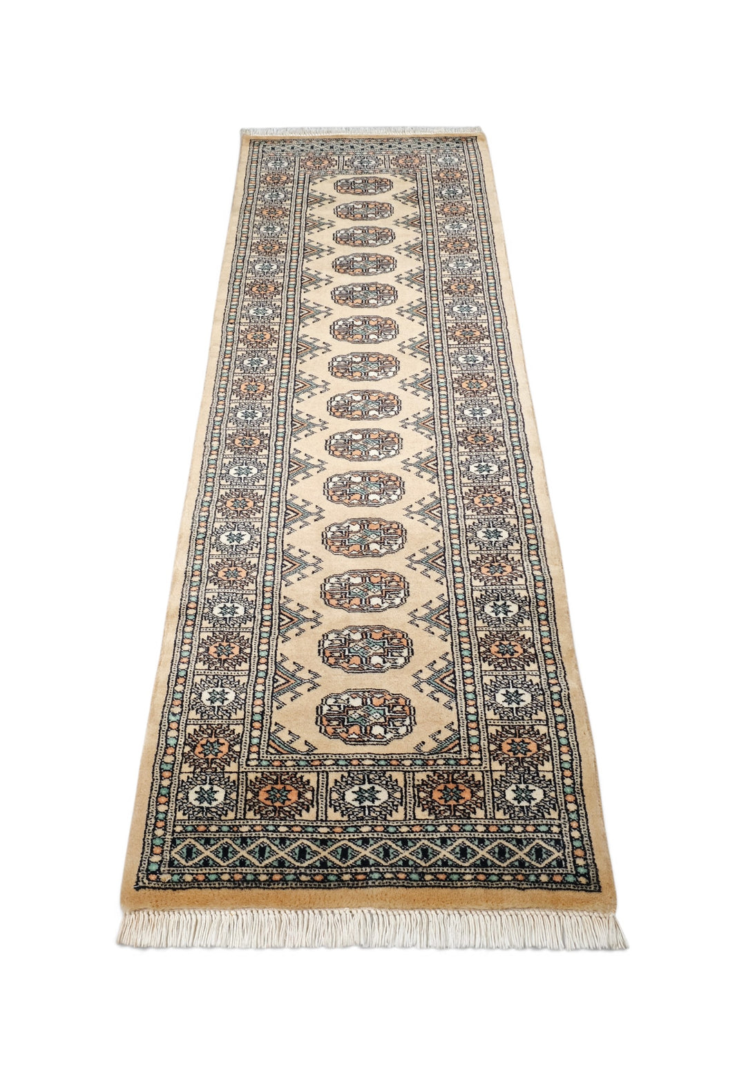 Camel and Sea Green Turkmen Gül Bokhara, Hand-Knotted Wool Rug