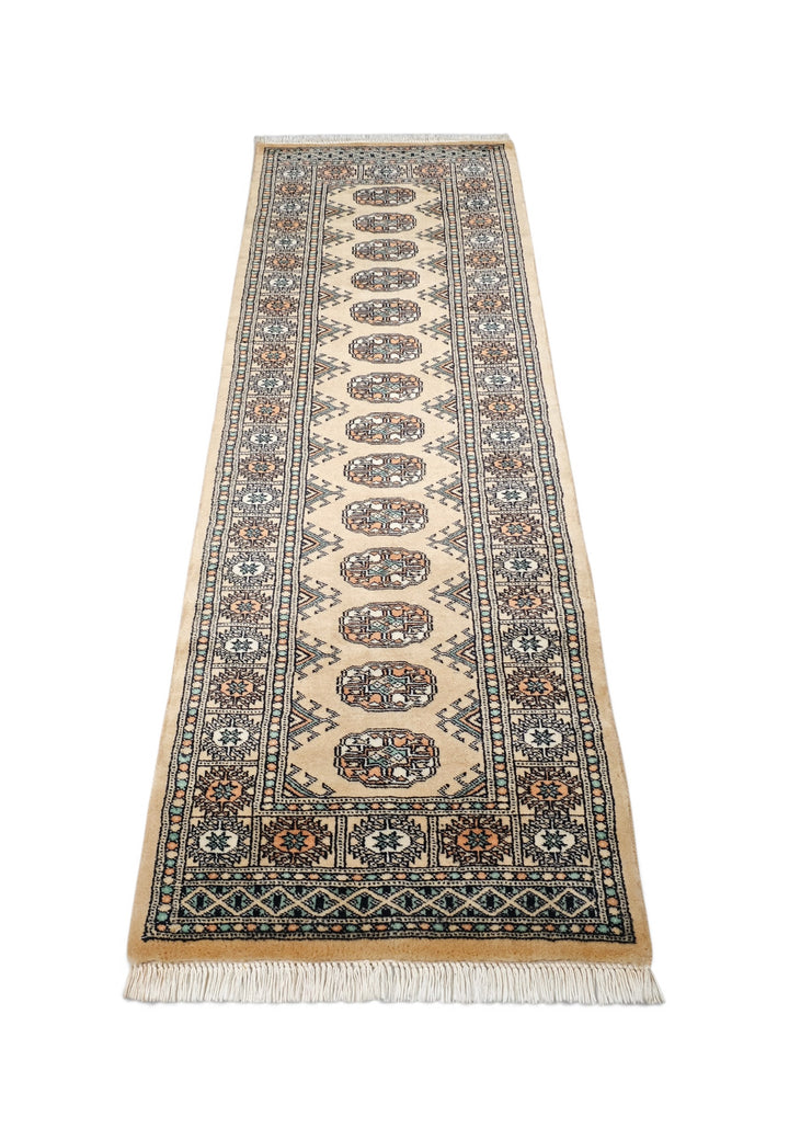 Camel and Sea Green Turkmen Gül Bokhara, Hand-Knotted Wool Rug