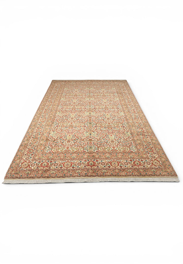 Cream and Red Floral Lattice, Hand-Knotted Wool Rug
