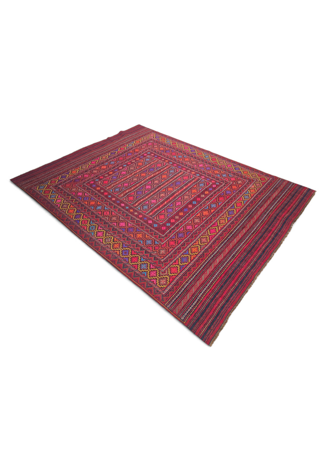 Rose Red and Gold Banded Kilim, Hand-Woven Wool