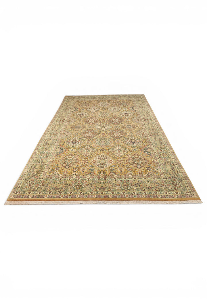 Gold and Sage Repeating Floral, Hand-Knotted Wool Rug