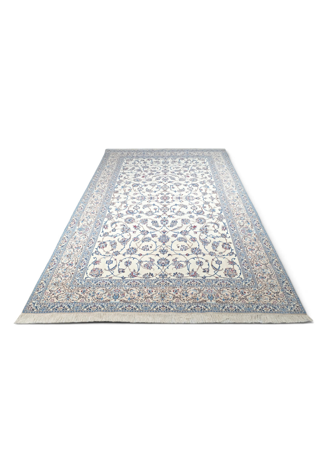 Ivory and Blue All-Over Arabesque Nain, Hand-Knotted Wool Rug
