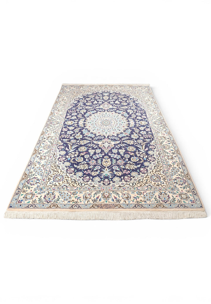Royal-Blue Medallion Persian Nain, Hand-Knotted Wool Rug