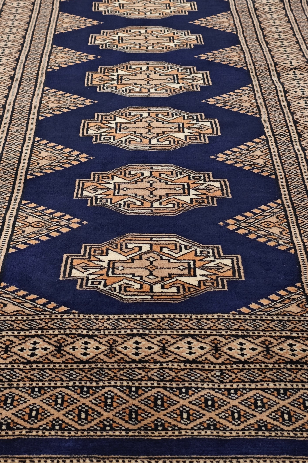 Navy and Beige Yamoud Rug, Hand-Knotted Wool