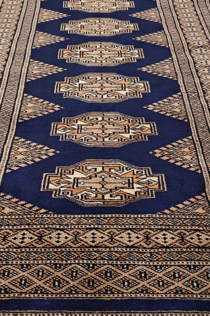 Navy and Beige Yamoud Rug, Hand-Knotted Wool