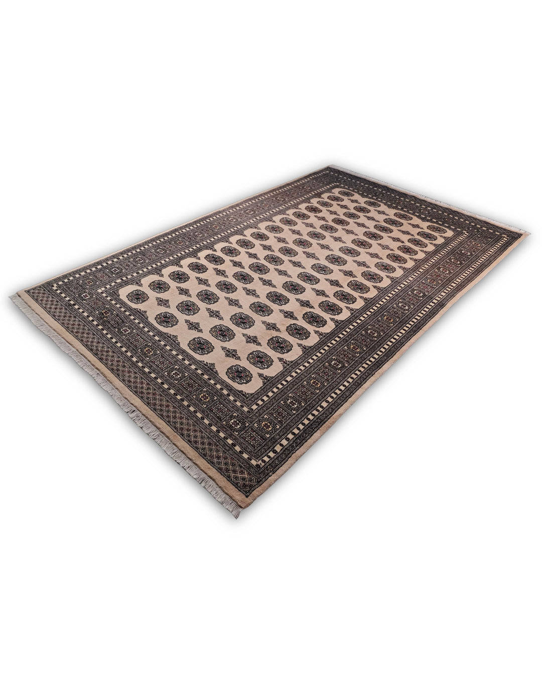 Cream Turkmen Gül Bokhara Rug, Hand-Knotted Pakistani Wool