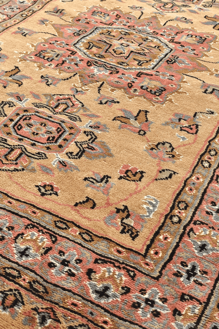 Golden and Rose Jaldar Medallion, Hand-Knotted Wool and Silk Rug