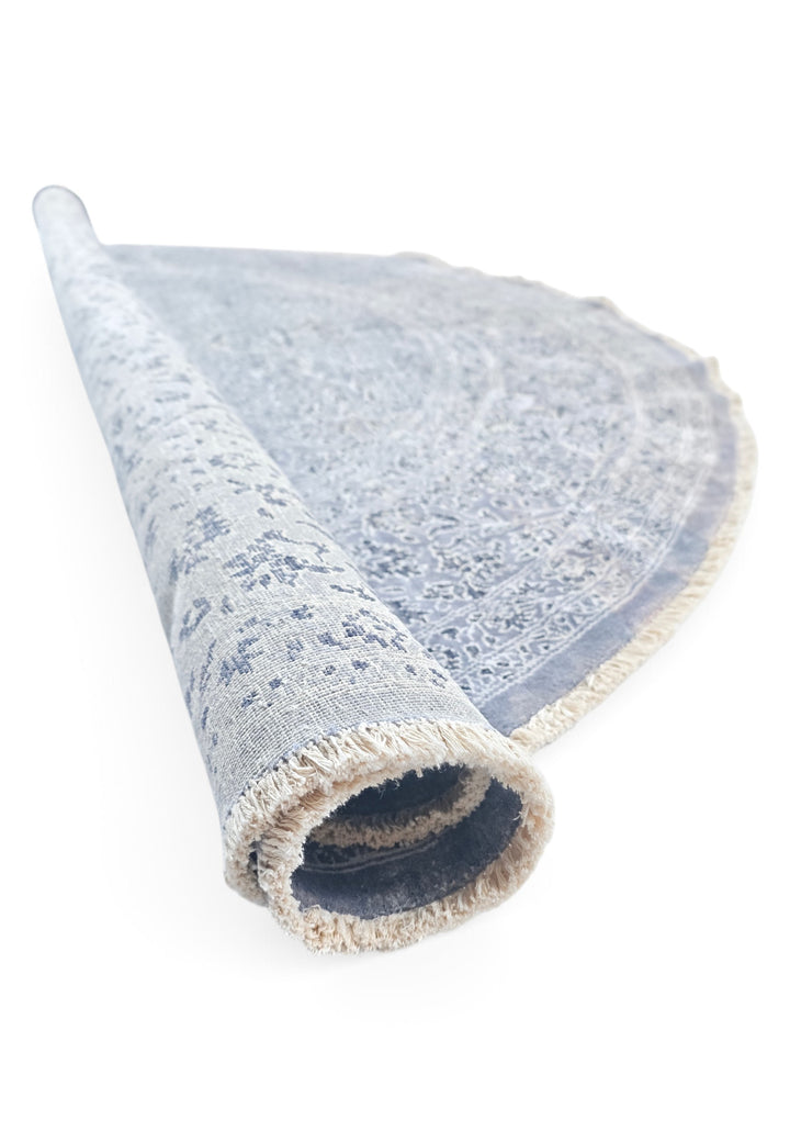 Slate Blue and Silver Floral Round, Hand-Knotted Wool and Silk Rug
