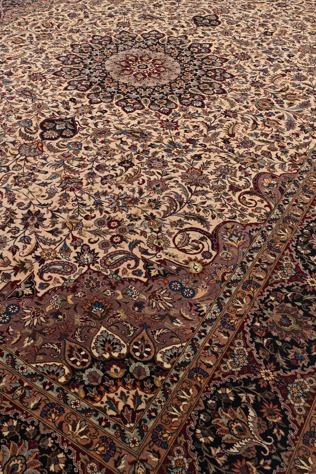 Ivory and Navy Floral Medallion, Hand-Knotted Wool and Silk Rug