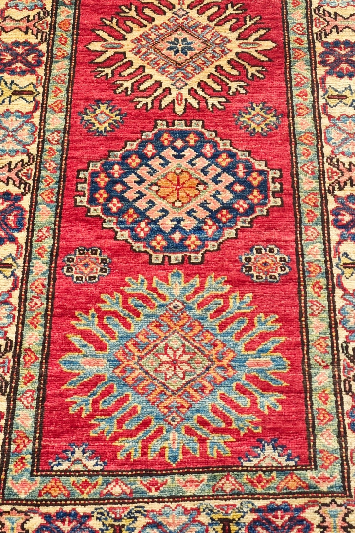 Cherry Red and Cream Starburst Medallion Kazak, Hand-Knotted Wool Rug