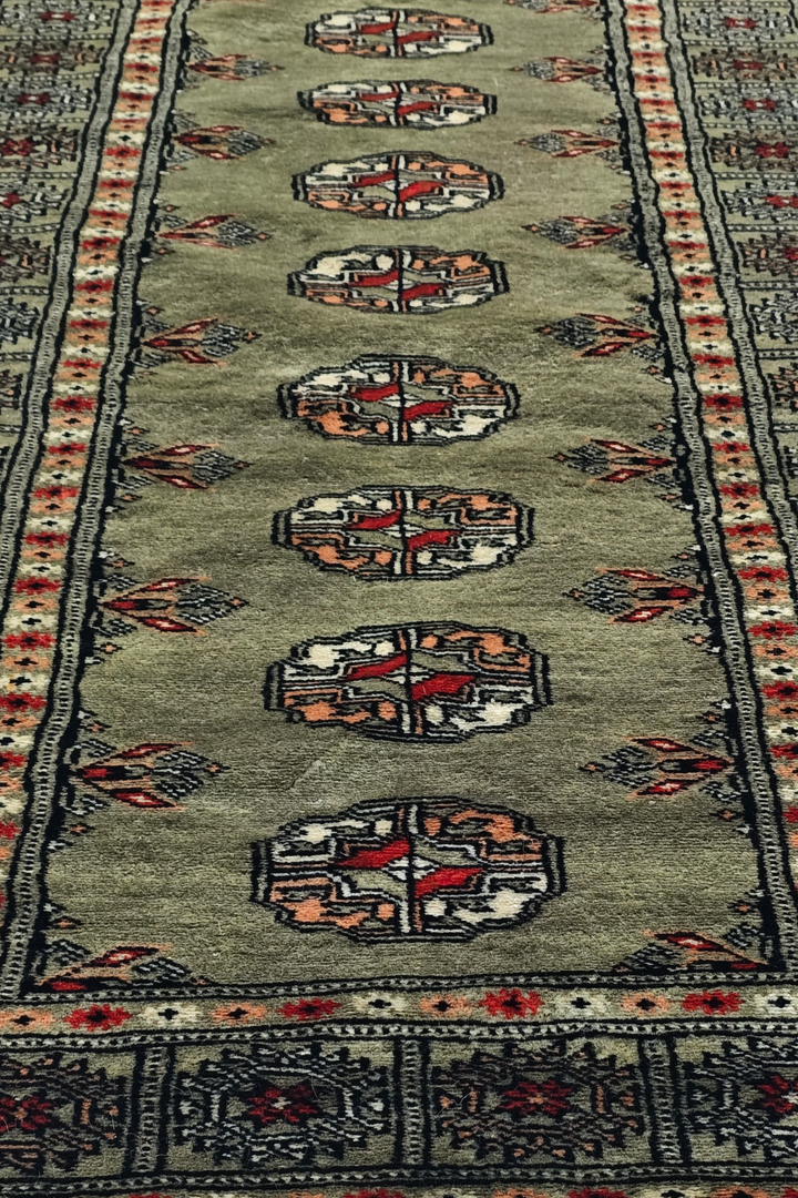 Olive and Peach Turkmen Gül Bokhara, Hand-Knotted Wool Rug