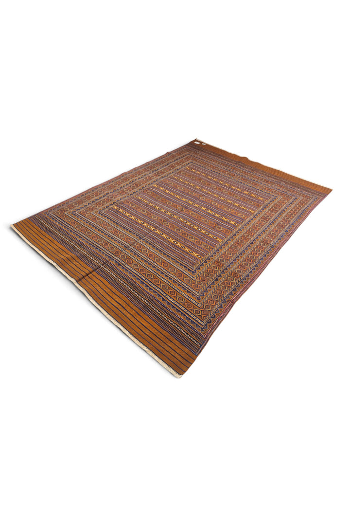 Caramel and Gold Banded Kilim, Hand-Woven Wool