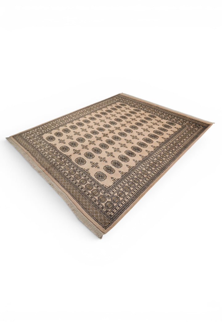 Camel Beige &amp; Charcoal Turkmen Gül Bokhara Rug, Hand-Knotted Pakistani Wool