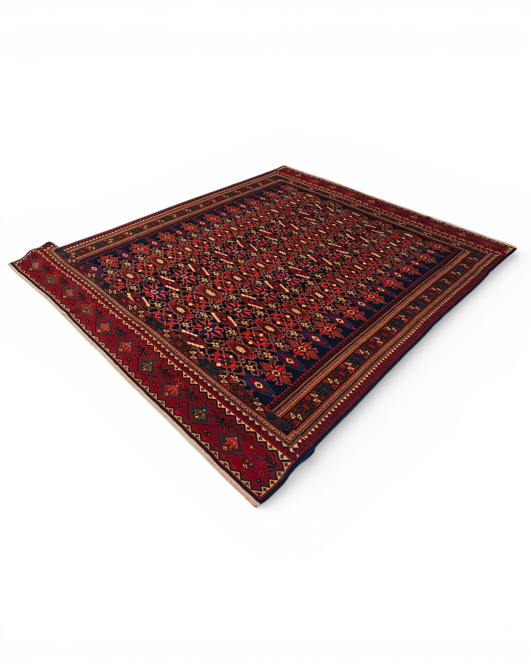 Indigo &amp; Red All-Over Floral Rug, Hand-Knotted Afghani Sherwan