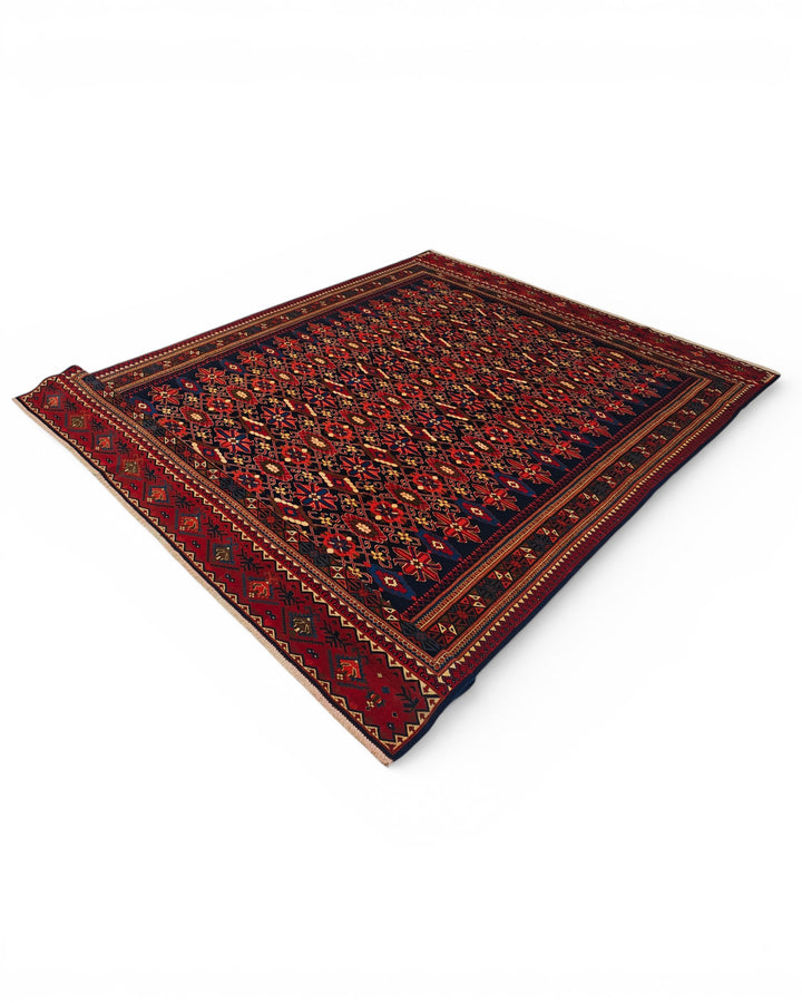Indigo &amp; Red All-Over Floral Rug, Hand-Knotted Afghani Sherwan