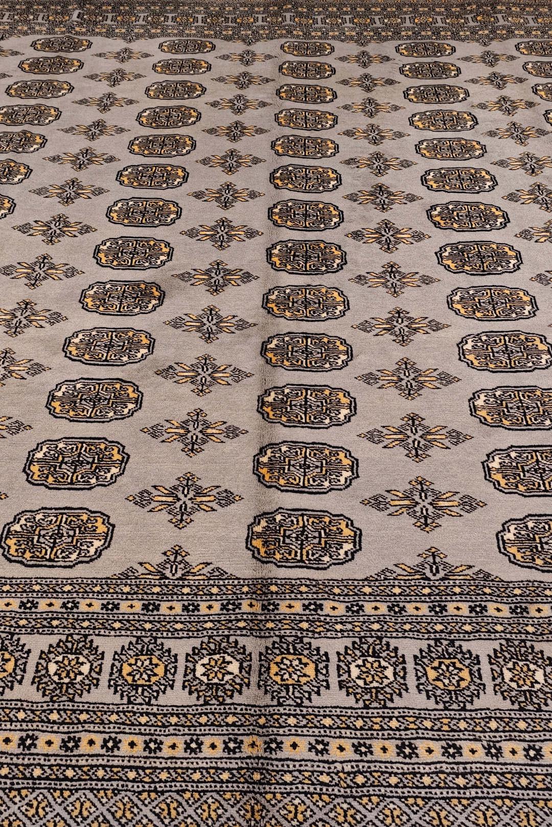 Warm Grey Turkmen Gül Bokhara Square Rug, Hand-Knotted Pakistani Wool