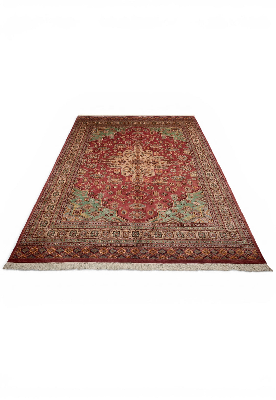 Rust Red &amp; Green Tribal Medallion Single Knot Wool and Silk Rug