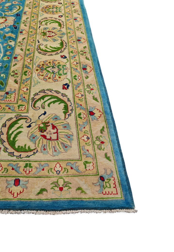 Turquoise and Cream Floral Ghazni, Hand-Knotted Wool Rug