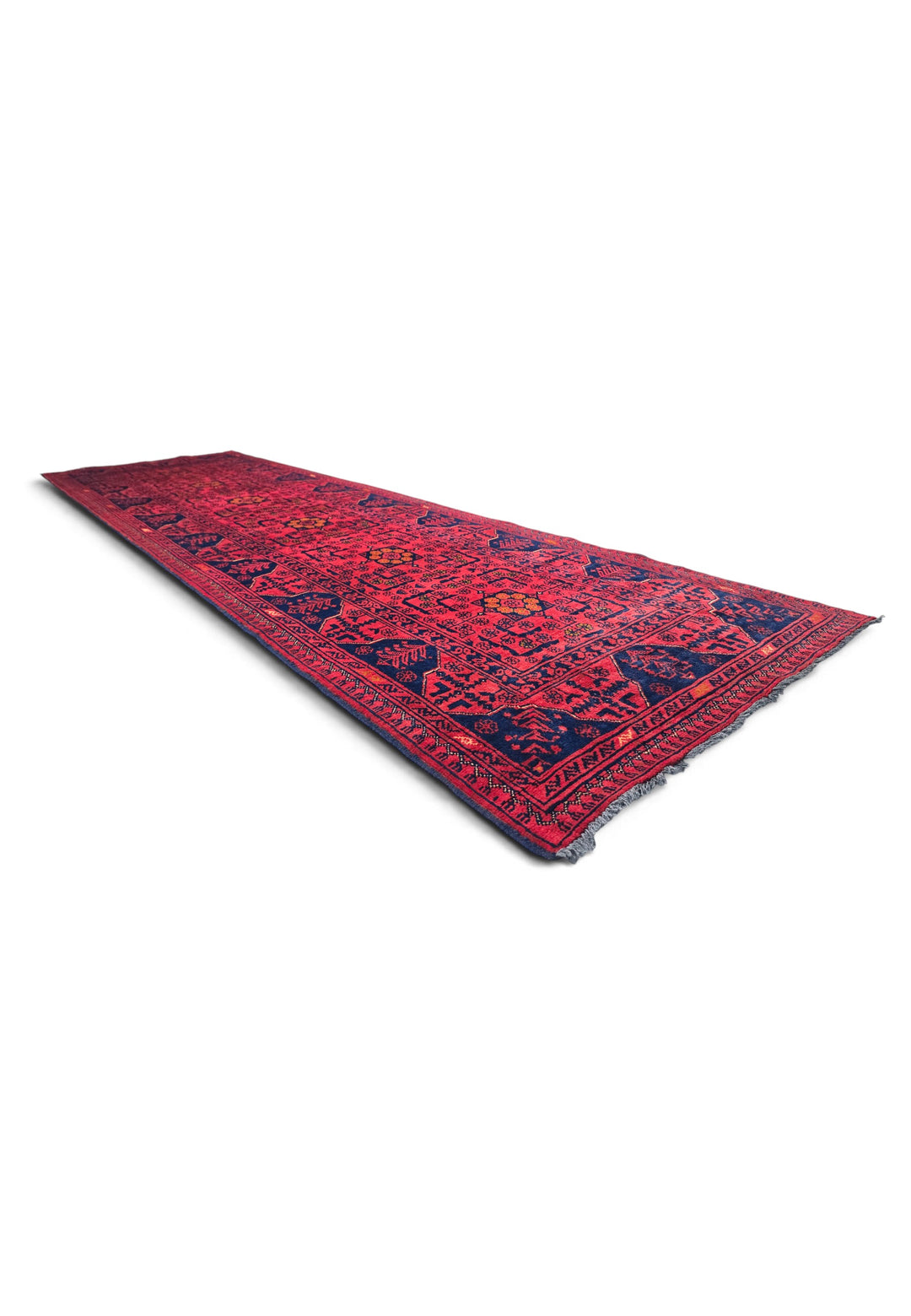 Raspberry Red and Navy Khan Muhammadi Runner, Hand-Knotted Wool