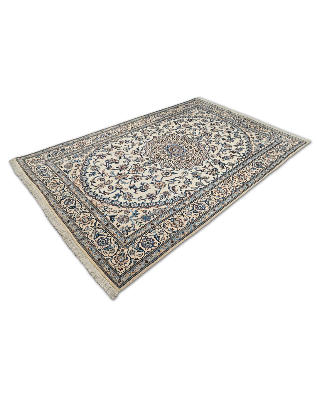 Cream and Blue Medallion Nain, Hand-Knotted Wool Rug
