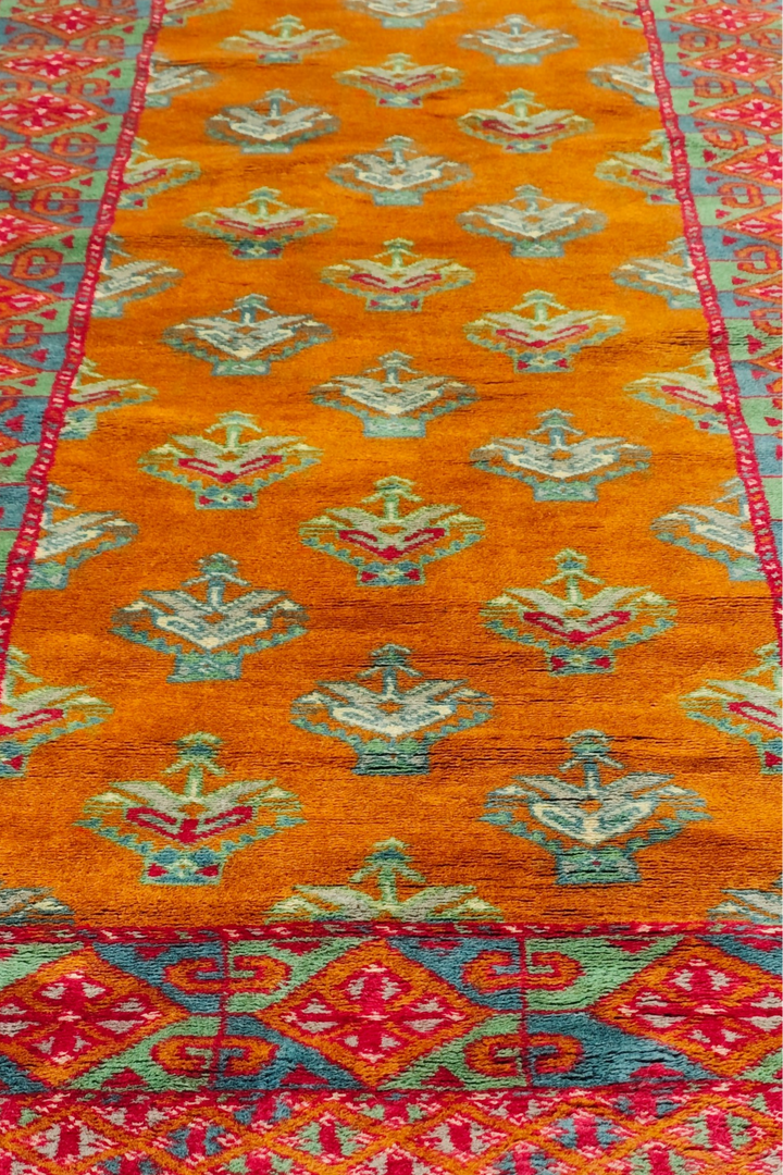 Saffron and Teal Flowering Shrub Repeat, Hand-Knotted Wool Rug