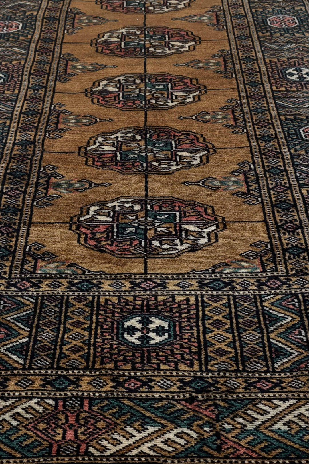Camel and Teal Turkmen Gül Bokhara, Hand-Knotted Wool Rug