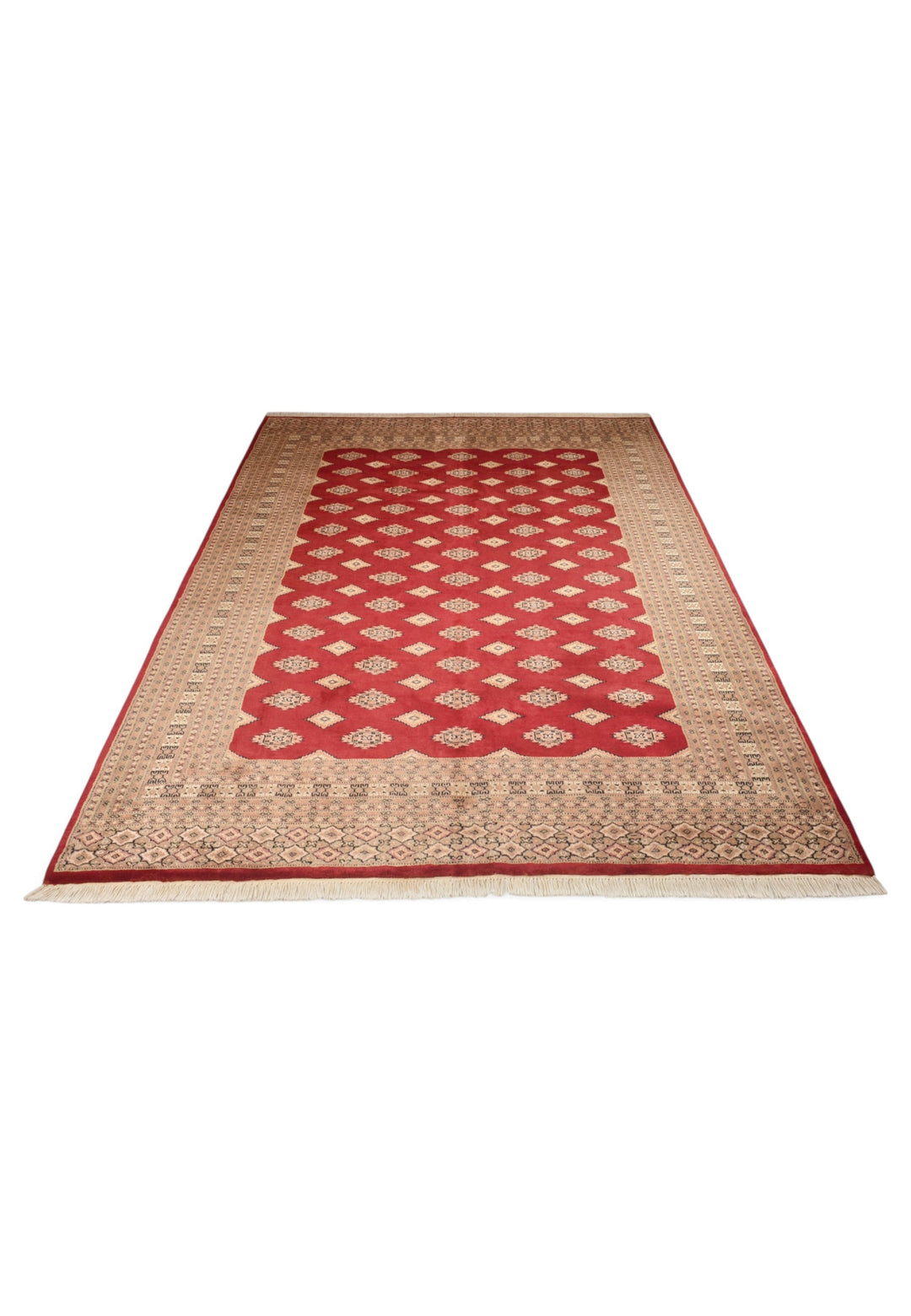 Oxblood and Tan Jaldar Alternating Diamond, Hand-Knotted Wool and Silk Rug