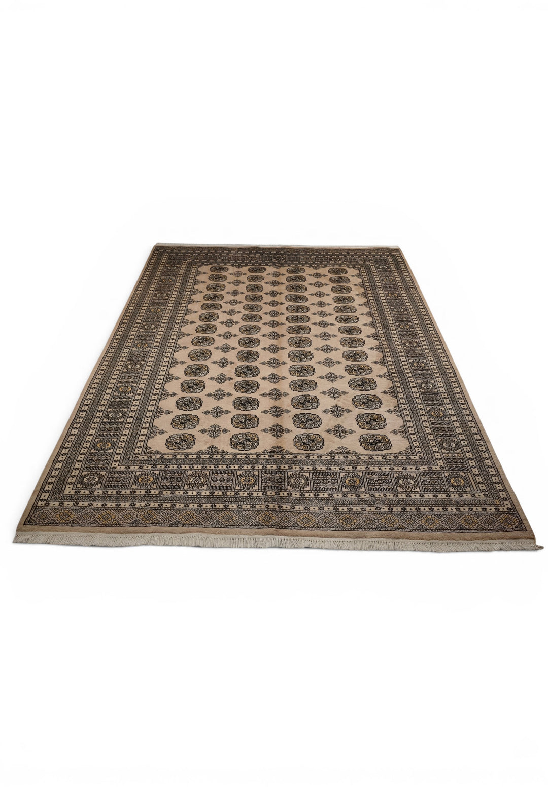 Warm Sand &amp; Charcoal Turkmen Gül Bokhara Rug, Hand-Knotted Pakistani Wool