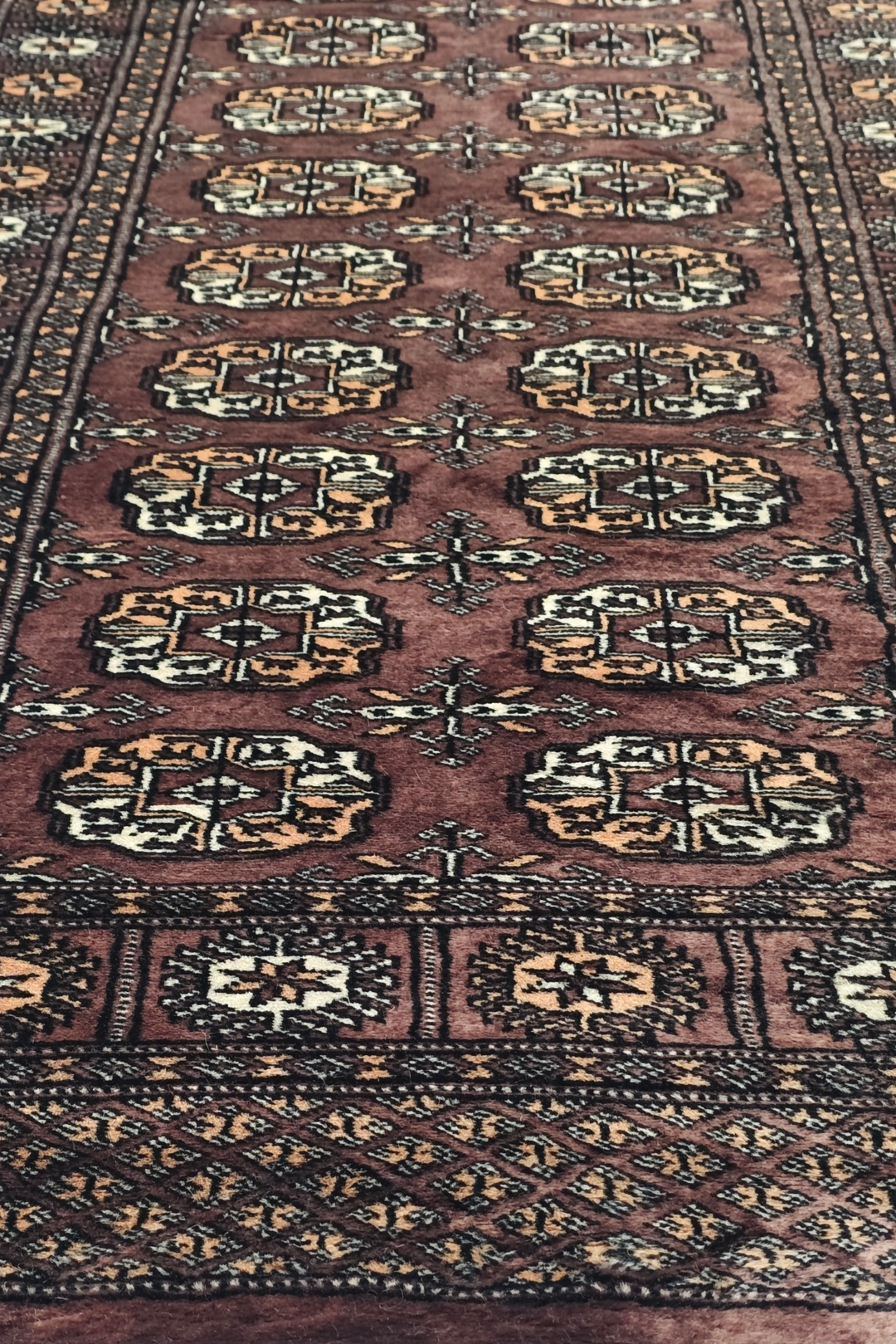 Taupe and Cream Turkmen Gül Bokhara, Hand-Knotted Wool Rug