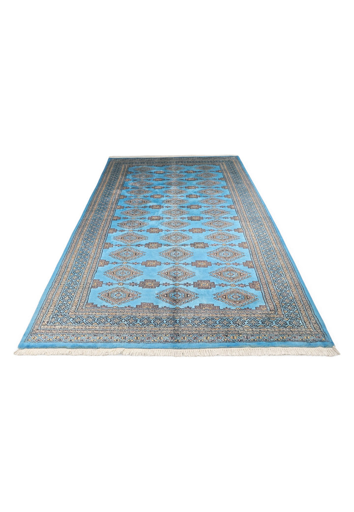 Azure Blue and Cream Jaldar Diamond Gül, Hand-Knotted Wool Rug
