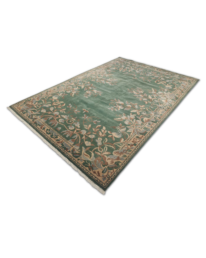 Green and Camel Gol Farang Floral, Hand-Knotted Wool Rug
