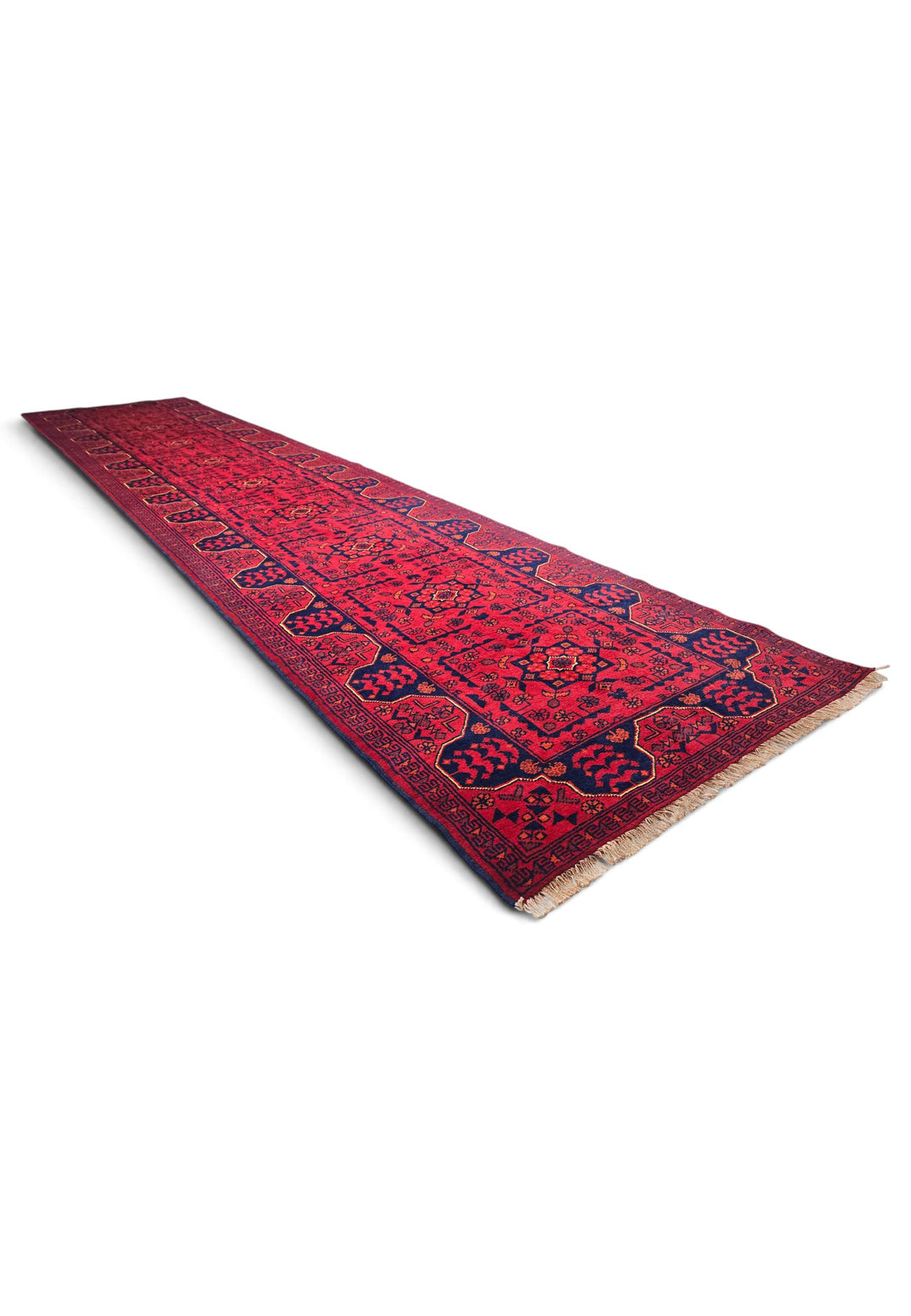 Cherry Red and Navy Khan Muhammadi Runner, Hand-Knotted Wool