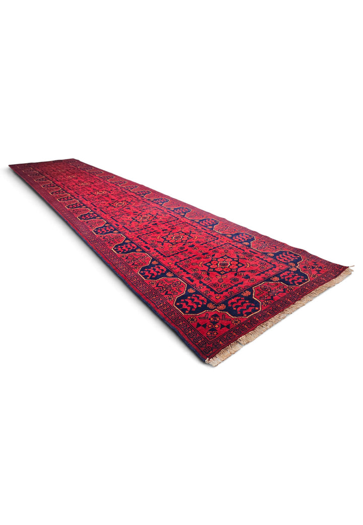 Cherry Red and Navy Khan Muhammadi Runner, Hand-Knotted Wool