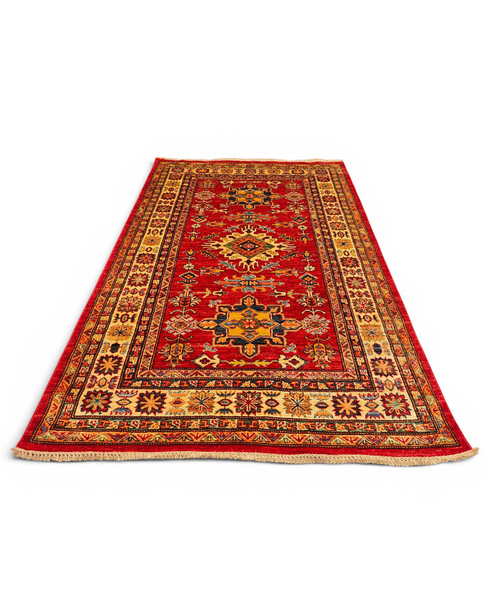 Red &amp; Gold Star Kazak Rug, Hand-Knotted Afghan Wool