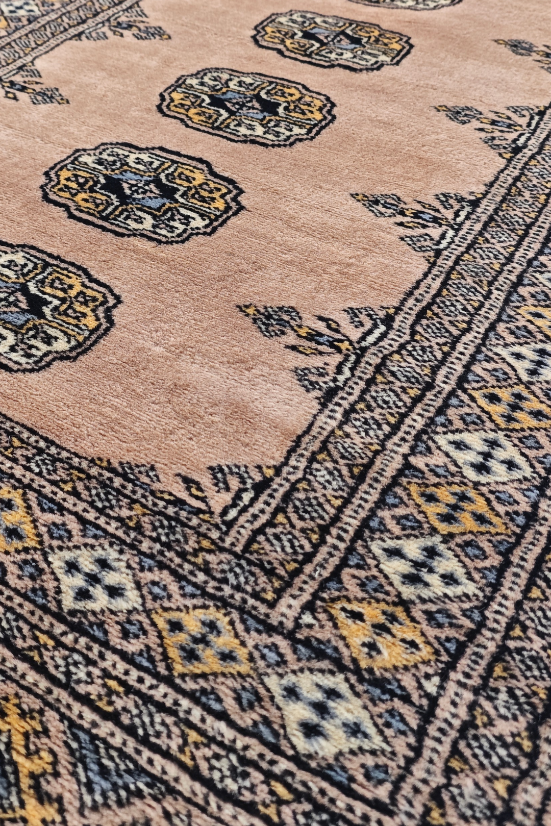 Salmon and Espresso Single Column Gül Bokhara, Hand-Knotted Wool Rug