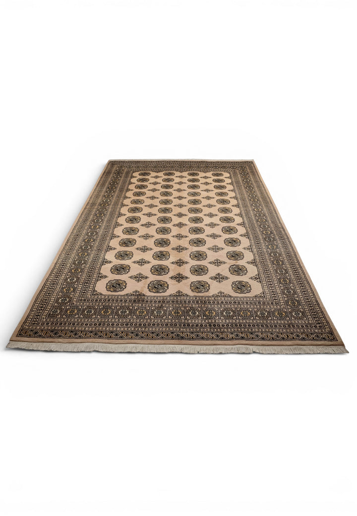 Sandy Beige &amp; Black Turkmen Gül Bokhara Rug, Hand-Knotted Pakistani Wool