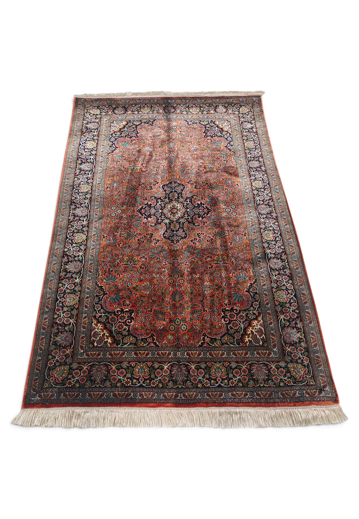 Deep Red and Navy Cloudband Medallion, Hand-Knotted Silk Rug