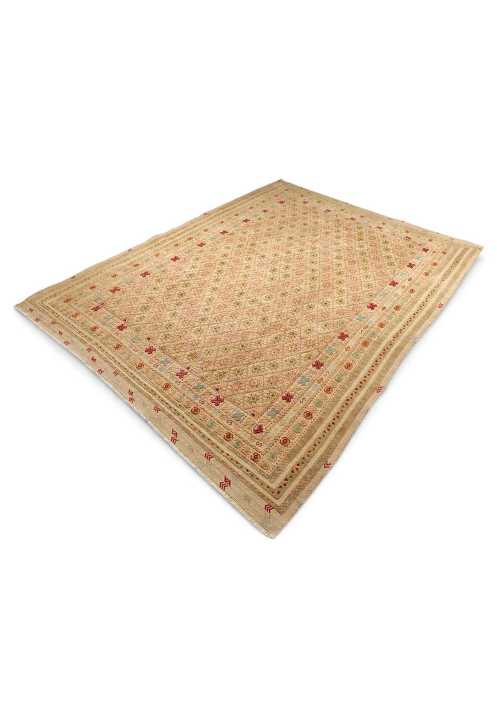 Wheat Gold and Cream Diamond Lattice Kilim, Hand-Woven Wool