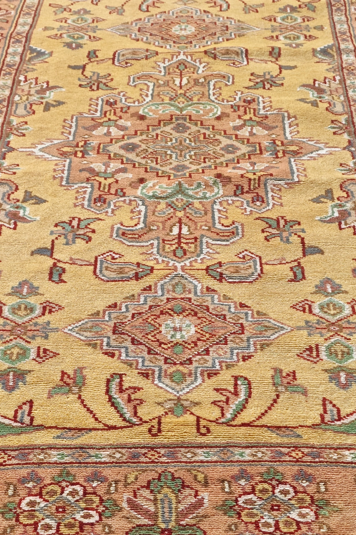 Wheat Gold and Rose Jaldar Alternating Medallion, Hand-Knotted Wool and Silk Rug