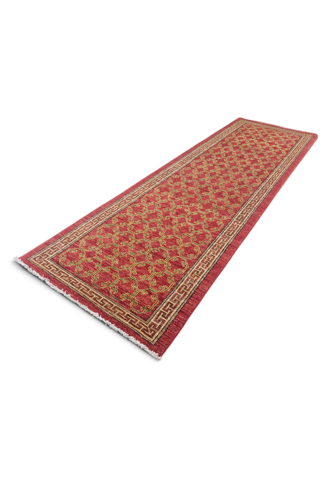 Brick Red and Camel Meander Lattice, Hand-Knotted Wool Rug