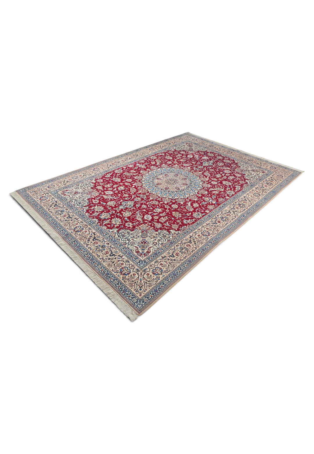 Red and Cream Medallion Nain Shesh La, Hand-Knotted Wool Rug
