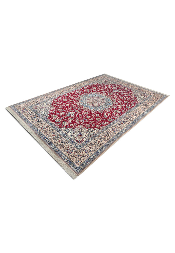 Red and Cream Medallion Nain Shesh La, Hand-Knotted Wool Rug