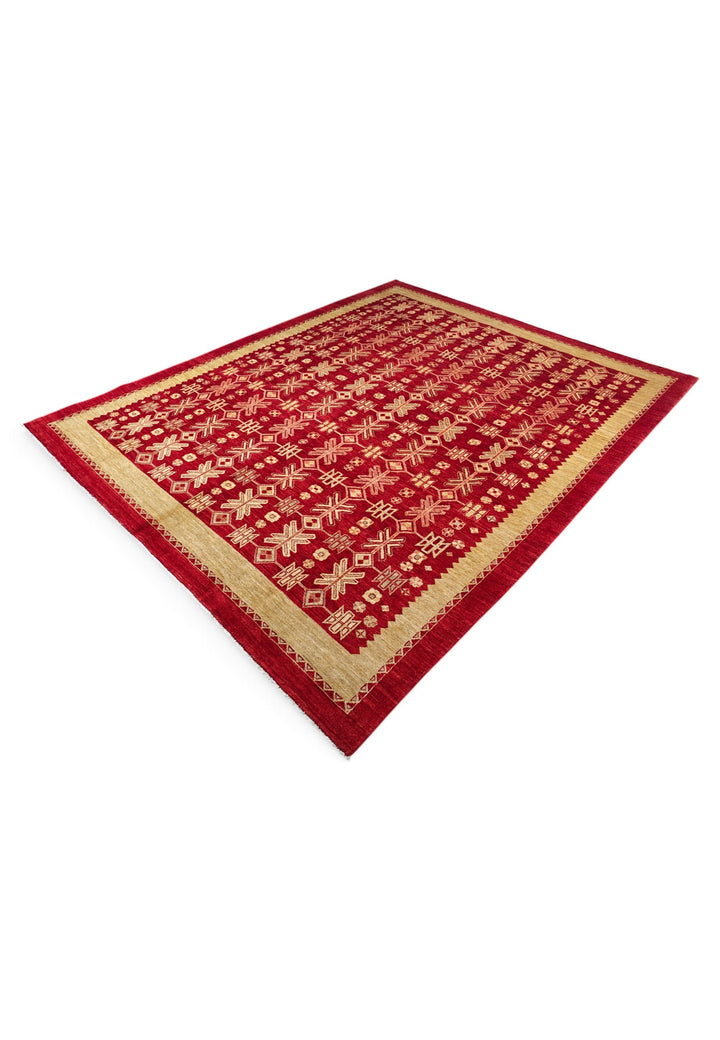 Bright Red and Wheat Gold Lattice Ghazni, Hand-Knotted Wool Rug