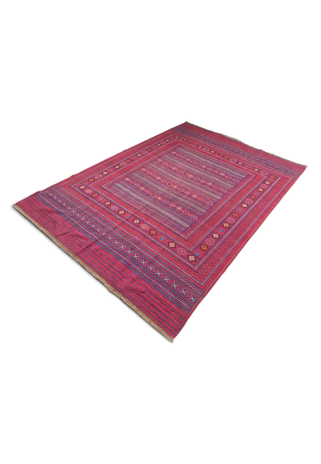 Magenta and Rose Banded Kilim, Hand-Woven Wool