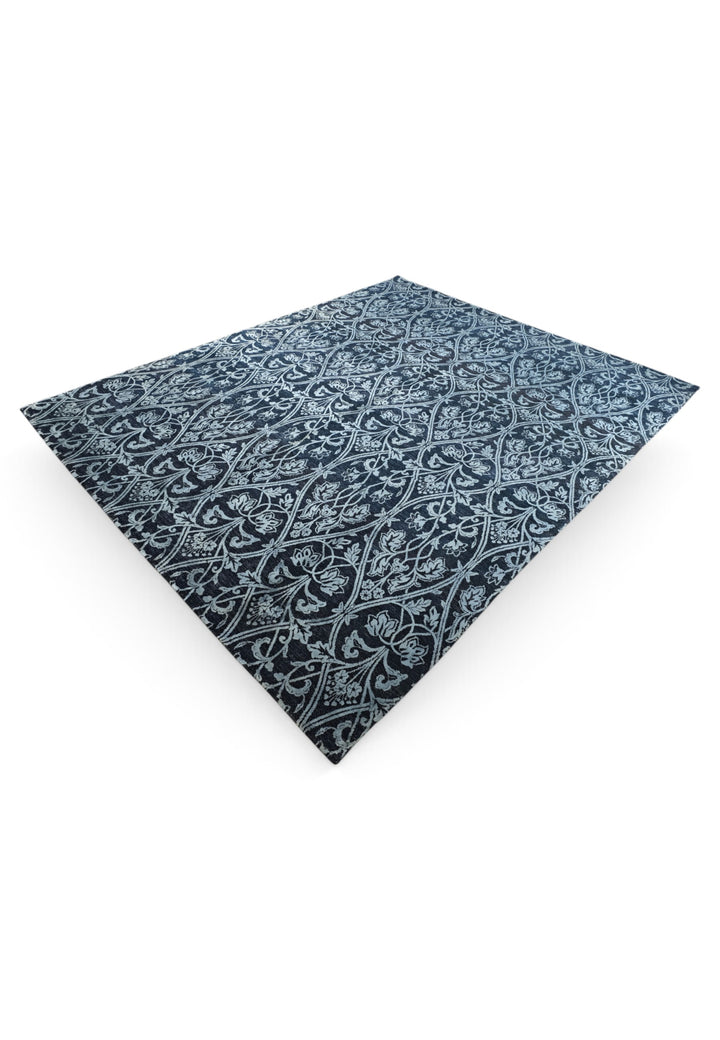 Indigo Trellis Ghazni, Hand-Knotted Wool and Silk Rug