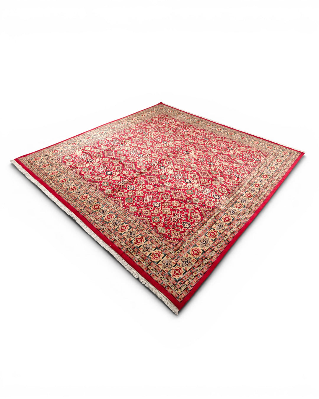 Red Polychrome Lattice Jaldar Square Rug, Hand-Knotted Pakistani Wool