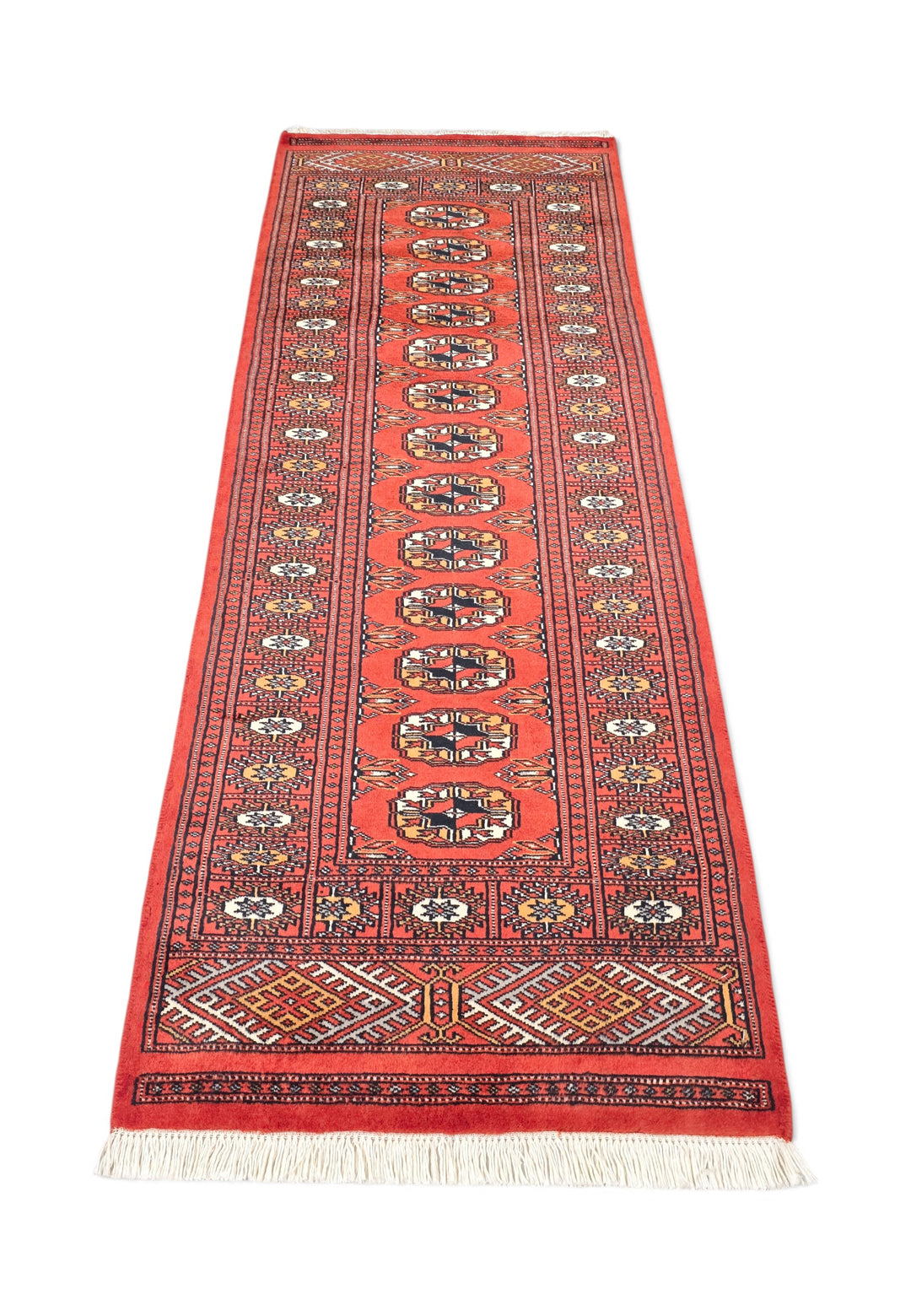 Red and Orange Turkmen Gül Bokhara, Hand-Knotted Wool Rug
