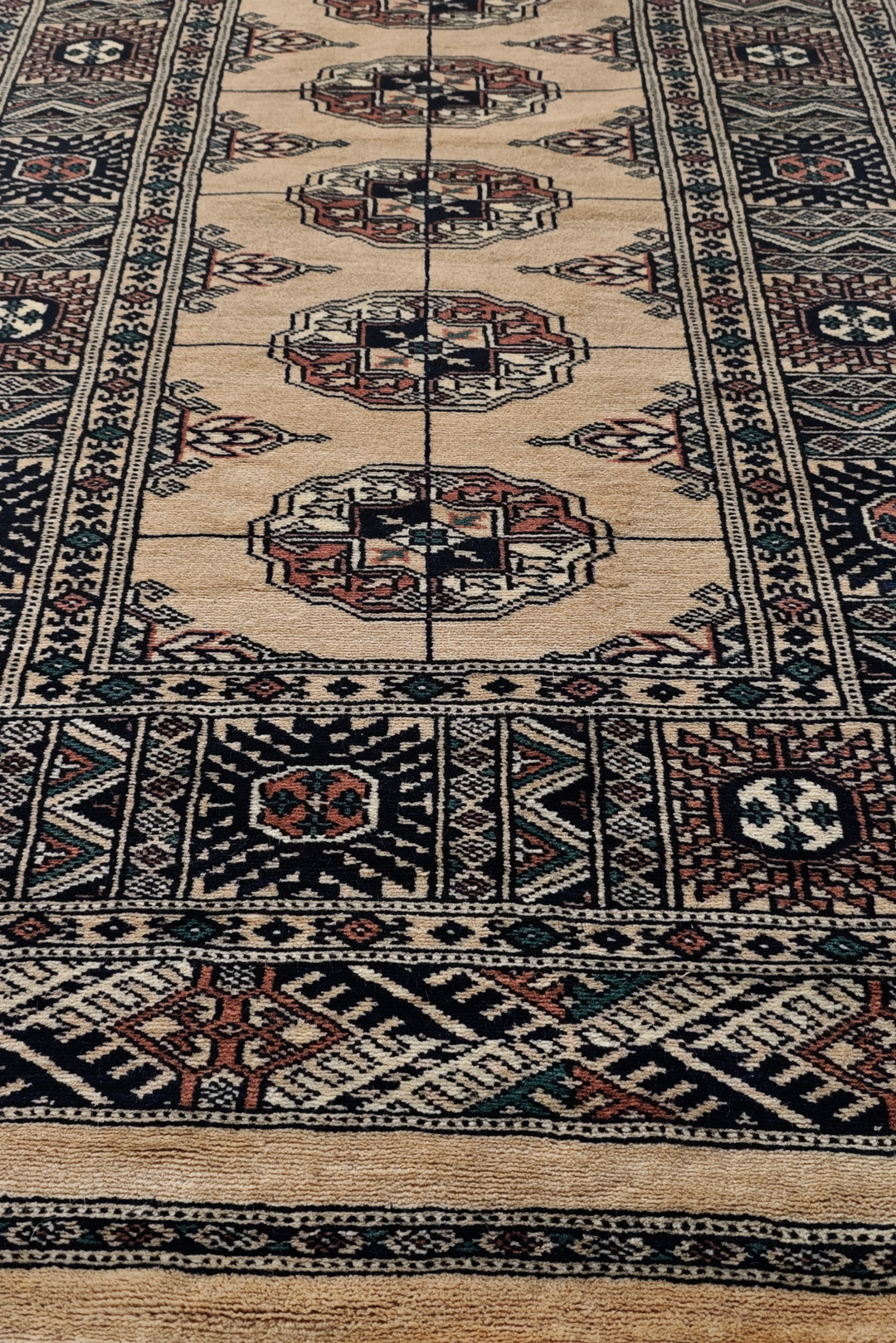 Camel and Navy Turkmen Gül Bokhara, Hand-Knotted Wool Rug