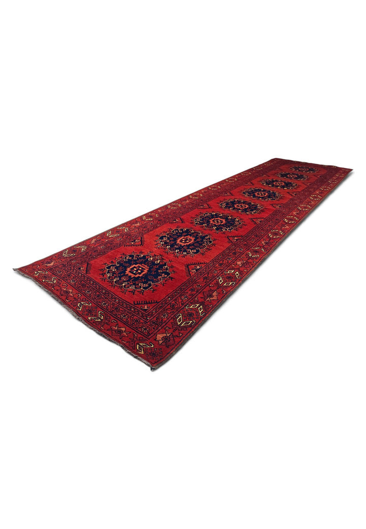 Red and Navy Khan Muhammadi Runner, Hand-Knotted Wool